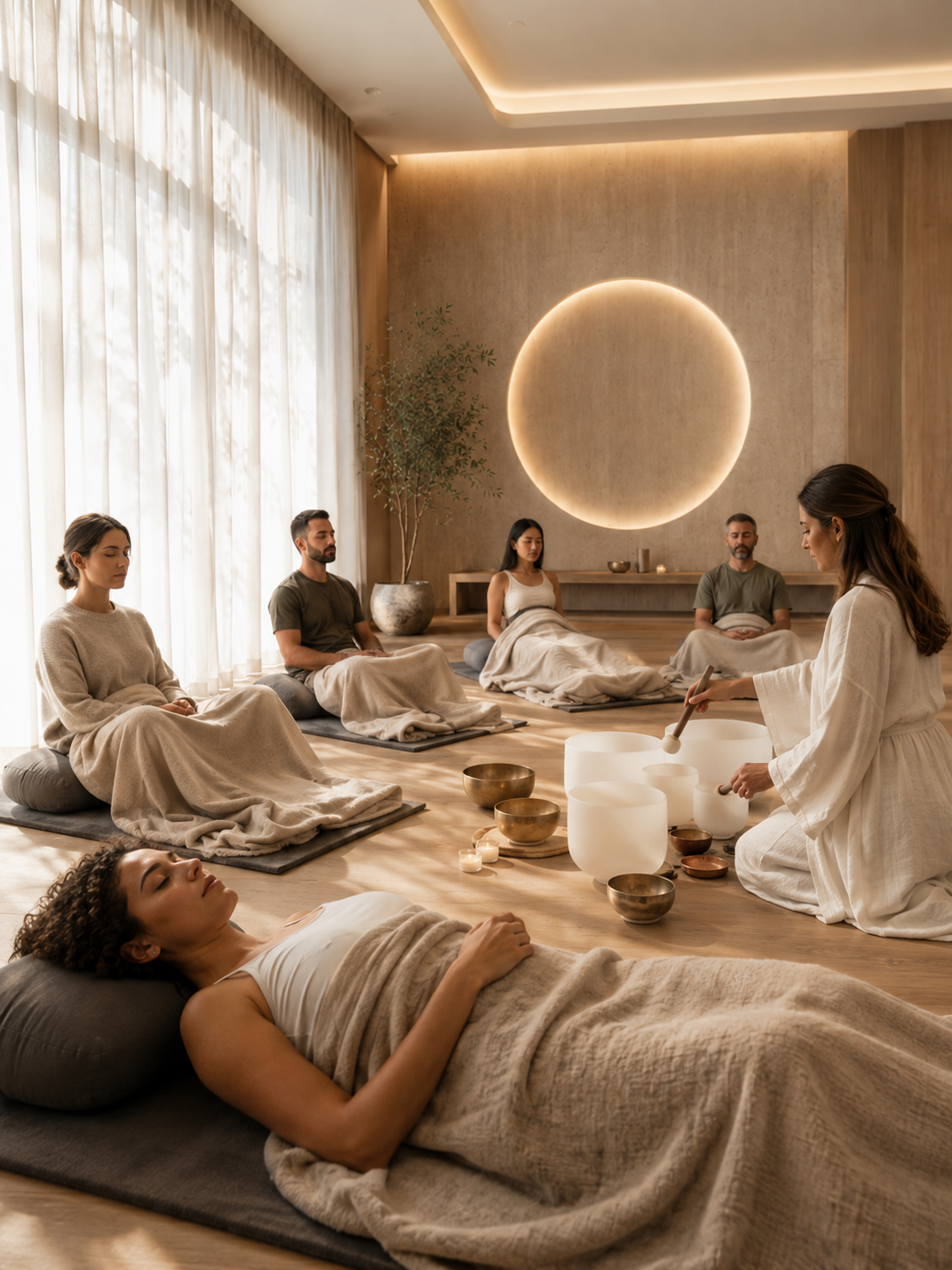 Wellness session with bowls and guided meditation